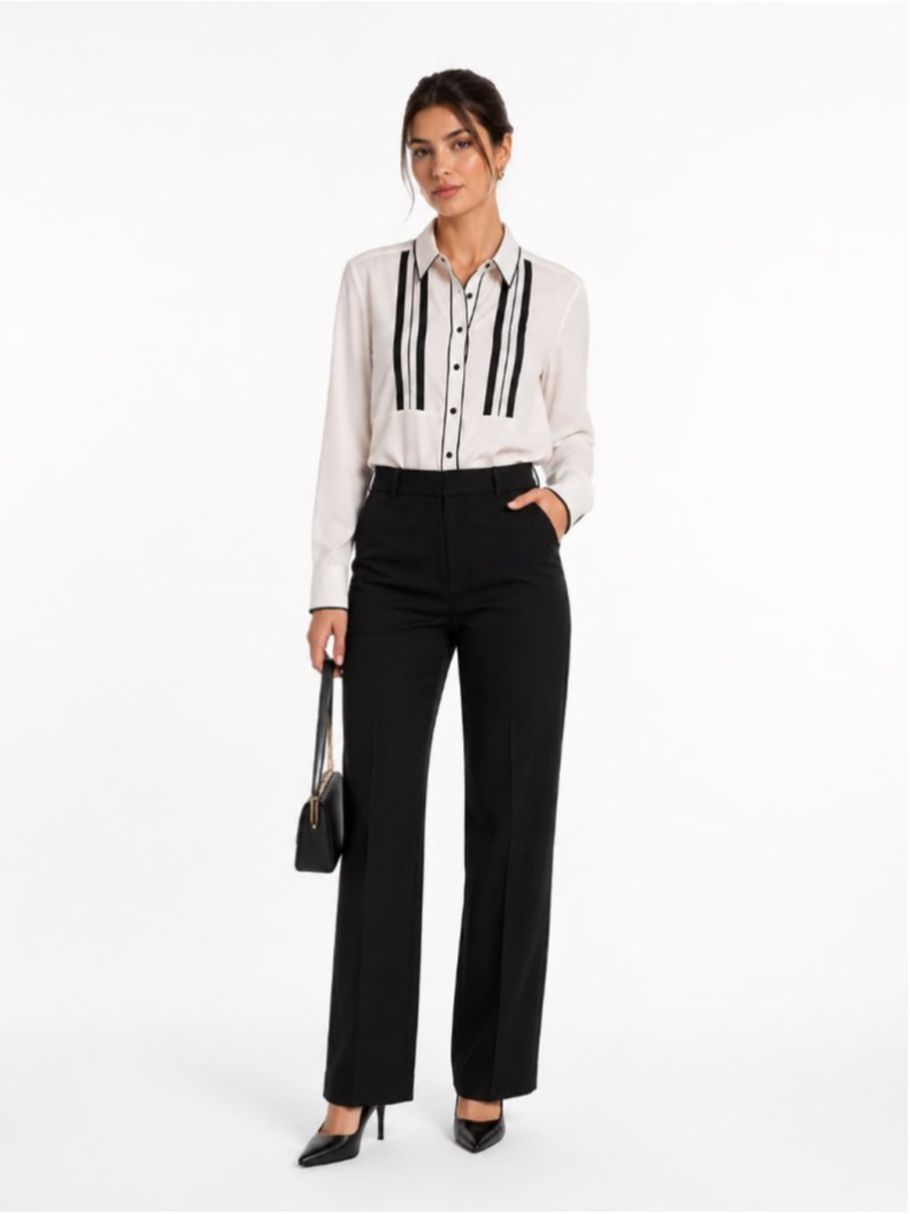 Foxcroft NYC Heritage Non-Iron White Black Trim Button Down Blouse NWOT Size 12